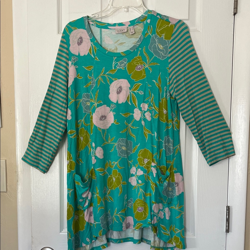 LOGO Lori Goldstein pullover eastern green floral Henley stripe sleeve pockets M